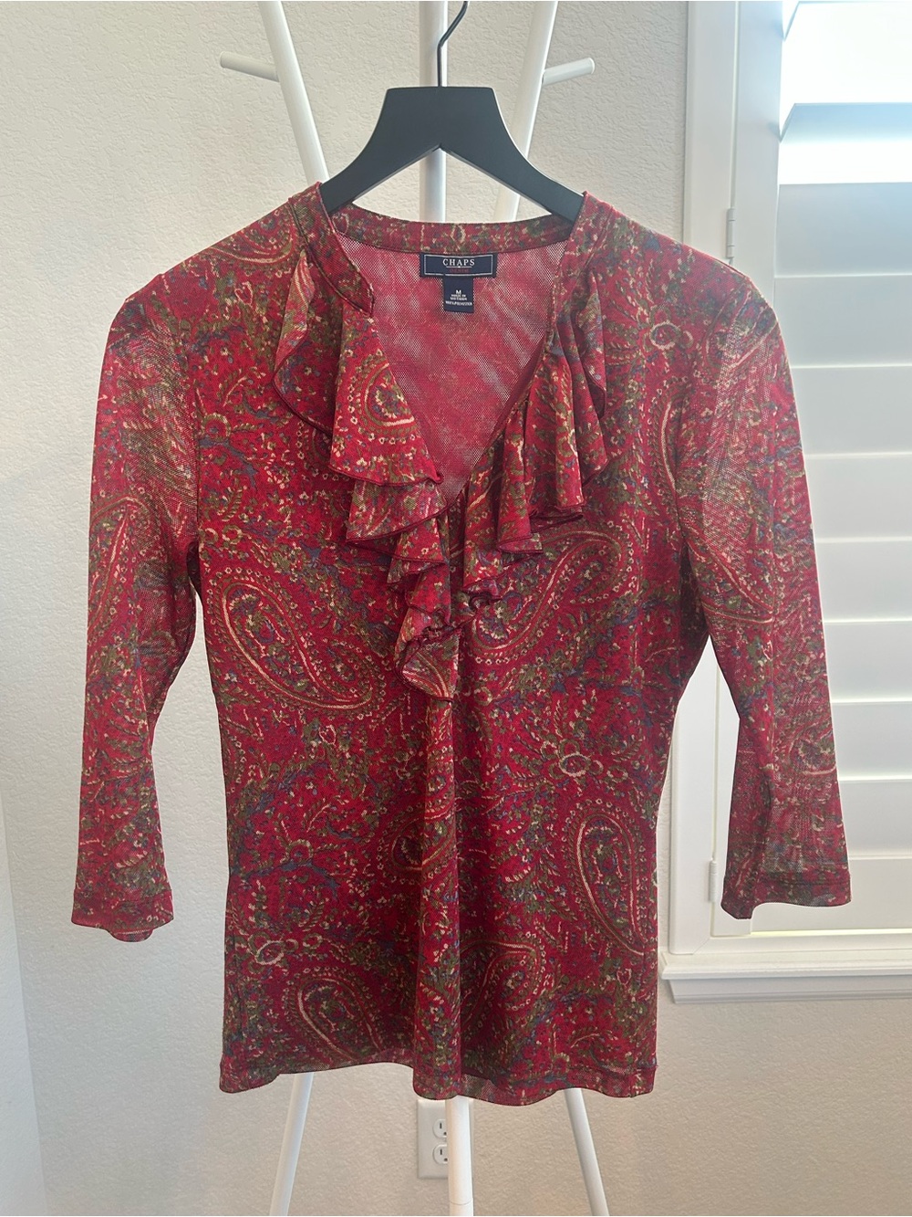 Chaps Women's M Red-Orange Paisley Ruffle V-Neck Mesh Top 3/4 Sleeve Blouse